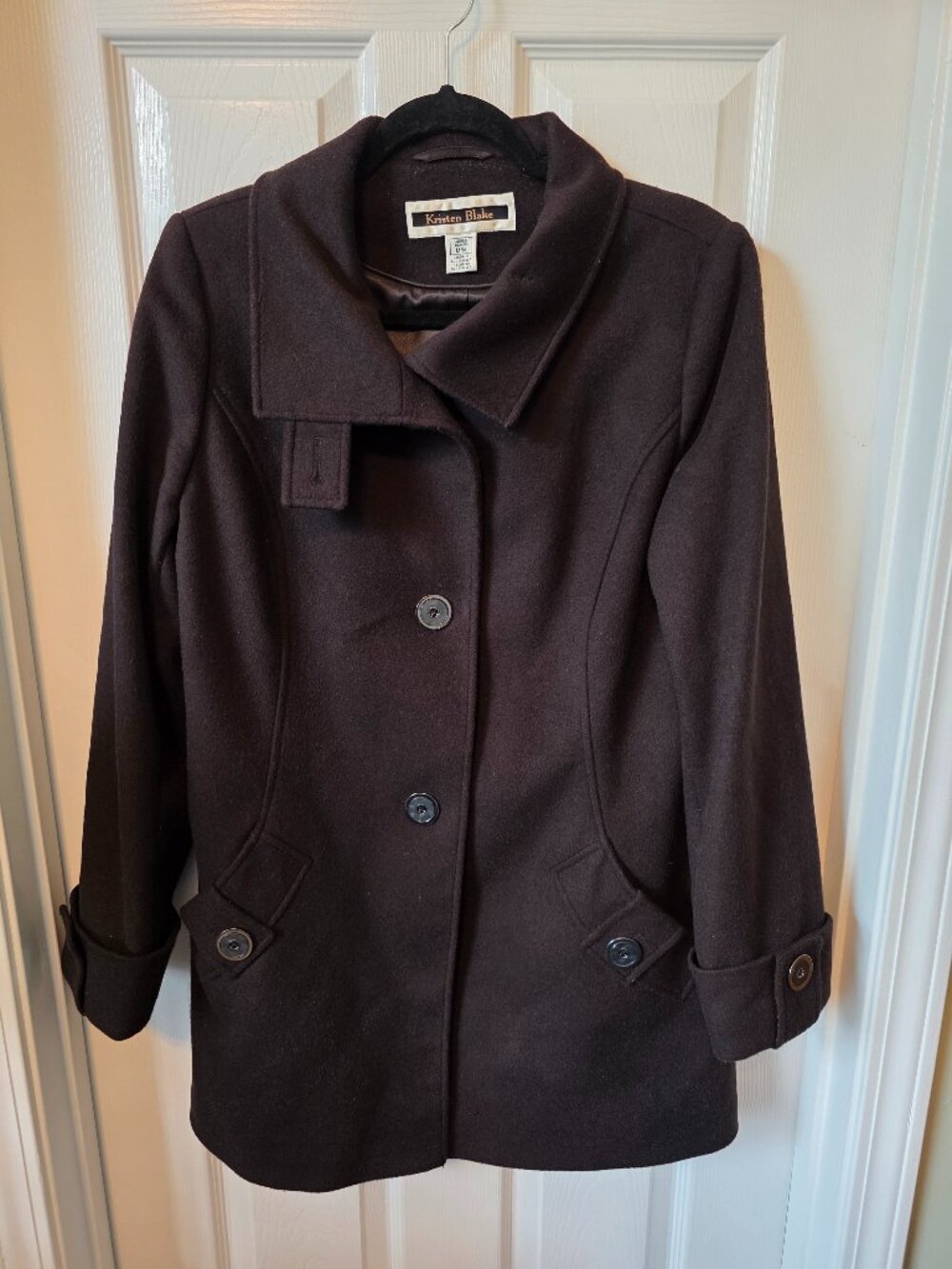 Coat Kristen Blake Women's Wool Blend Pea Coat Black Size M Pockets Cuff Sleeves